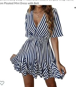 Sexy Deep V Neck Short Sleeve Striped Wrap